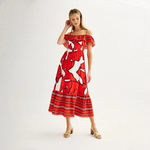 NINE West RED/White Multi Color Cold Shoulder Maxi Lined DRESS Size XL NWT - Picture 1 of 7