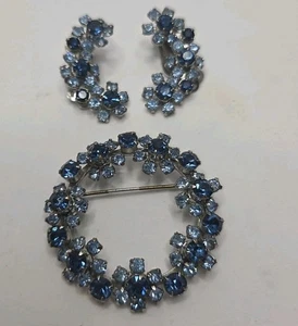 rare albert weiss ny blue crystal rhinstone brooch pin clip on earring set 50s - Picture 1 of 6