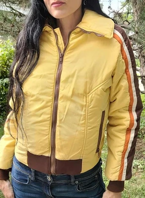 Vtg 70s Alpine Designs Retro Yellow Brown Stripe Puffer Jacket Goose Down  - Image 1 of 4