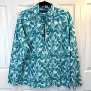NWT Eddie Bauer Women's Polar Fleece 1/4 Zip Pullover Large Turquoise Leaf Ikat - Picture 1 of 11