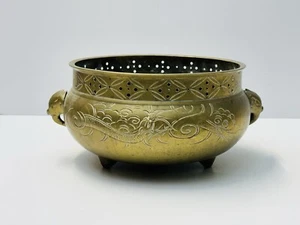 Large Vintage Heavy Brass Footed Bowl Planter Dragon Engraving Elephant Handles - Picture 1 of 17