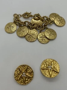 Vintage JCrew Bracelet & Earrings Unsigned Earrings Clip Sand Dollar Gold Toned - Picture 1 of 15