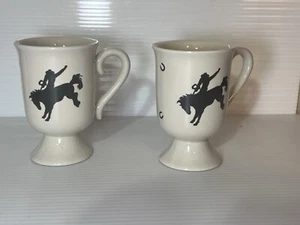 Set Of 2 Mug/Cups with base cowboy horseshoe bucking bronco 6oz off white - Picture 1 of 11