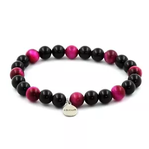 Pulsera De Perlas Ojo De Tigre Fucsia + Ágata Negra 8 Mm. Fabricado En Francia. - Imagen 1 de 6