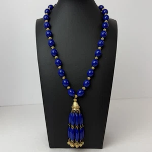 Crown Trifari Vintage Blue Gold Beaded Tassel 20” Necklace Suspended Animation - Picture 1 of 10