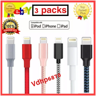 3 Cables  iPhone Charger for Apple iPhone 12 11 X 13  14 iPad USB Cable - Image 1 of 4