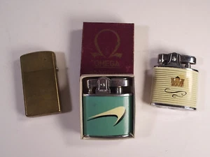 Vintage Lot of 2 Omega and 1 Zippo Working Lighters Newport & Kent Advertising - Picture 1 of 11