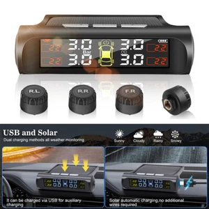 Solar / USB Wireless TPMS Tire Pressure Monitoring System Tyre Real Time Monitor - Picture 1 of 12