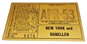 APRIL 1953 CNJ CENTRAL RAILROAD OF NEW JERSEY DUNELLEN MONTHLY TICKET - Picture 1 of 1