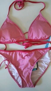 Splendid 2 Piece Triangle Bikini Set Womens sz 10 Mini Stripe Pink New SHIPSFAST - Picture 1 of 5