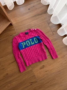 VTG Polo Ralph Lauren Pink Cable Knit Big Logo Kids Size 5Y Sweater - Picture 1 of 8