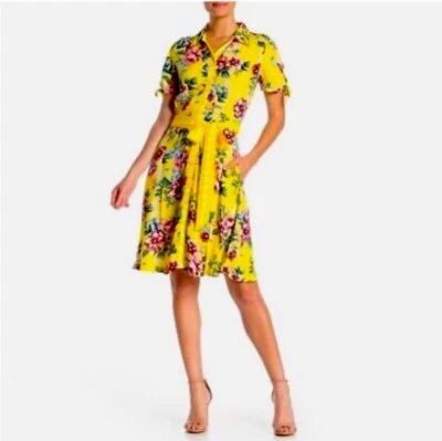 Vestido social ECI feminino 4 botões florais midi bolsos leves mangas amarradas - Imagem 1 de 4