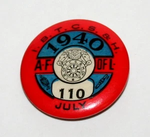 Vintage AFL AF of L July 1940 Trade Union 110 IBTCS & H Button Member Pin - Picture 1 of 1