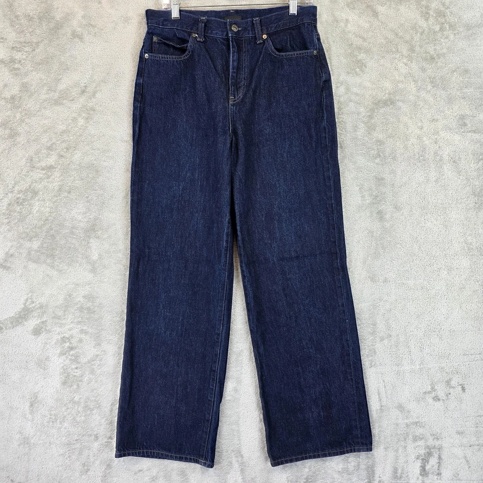 Pantalones de mezclilla Uniqlo para mujer 28 lavado oscuro tiro alto pierna recta algodón cremallera mosca Foto 1 de 4