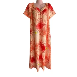Hilo Hattie MuuMuu Dress Womens Large Peach Floral Hawaiian Maxi Lounge USA - Picture 1 of 7