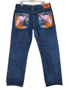 Vtg RMC Red Monkey Jeans Mens 39x34 Blue Embroidered Bird Floral Baggy Wide Leg - Picture 1 of 15