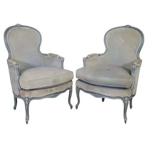 Pair Blue and White Antique Pair Balloon Back French Louis XV Bergere Chairs Cover
