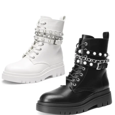 Women Ankle Boots Platform Side Zipper Metal Chain Combat Boots - Image 1 of 2