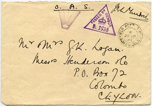 WW2 OAS 1941 to CEYLON DOUBLE CENSORED FPO 201 PALESTINE - Picture 1 of 2