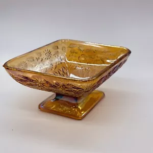 Vintage Indiana Carnival Glass~Iridescent Amber~ Diamond Shaped Footed Dish - Picture 1 of 13