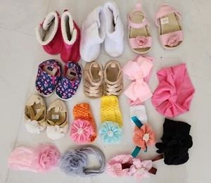 6 Pairs of Shoes Boots Sandal Lot GIRL Baby 3-6 months & 9 Headband Flower - Picture 1 of 6