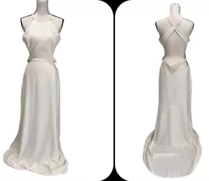 NWT Halston Heritage Women's Cream Elegant Halter Low Back Gown Dress Sz 12 $495 - Picture 1 of 24