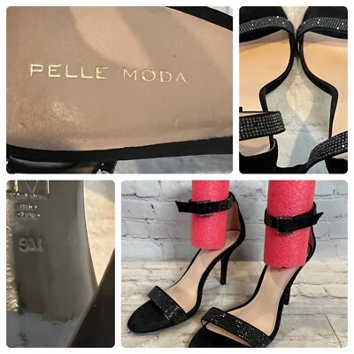 Pelle Moda Black Suede Size 9M Leather Crystal Heels Strappy Dress Sandals - Image 1 of 4