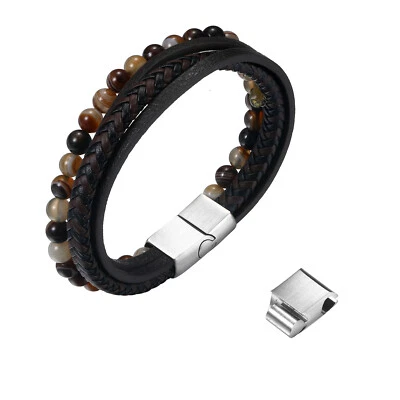 Pulsera de cuentas de cuero multicapa de acero inoxidable con hebilla magnética para hombre Foto 1 de 2