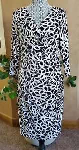 Ralph Lauren Sz 12 Dress Abstract Black White Stretch V-Neck Wrap 3 qtr Sleeve - Picture 1 of 10