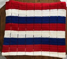 Vtg Granny Afghan Crochet Knit Throw Blanket 66x74 Red White Blue