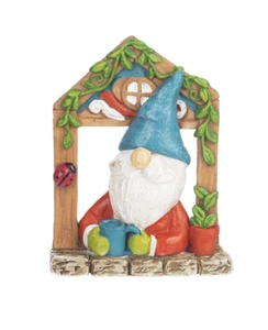 Fairy Gnome Garden Hanging Gnome in Window Drinking Coffee - Buy 3 Save $5 - Picture 1 of 2