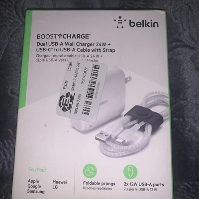 Cargador de viaje de pared doble USB-A Belkin Boost Charge cable de 24 W a USB-C con correa Foto 1 de 3