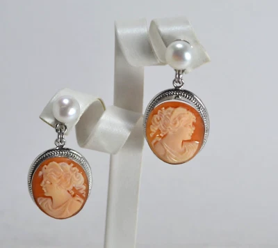 ORECCHINI  ARGENTO 925 CAMMEI VOLTI  PERLE D'ACQUA DOLCE 8 mm        AGHT 0439 - Immagine 1 di 3