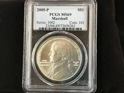 2005-P Chief Justice Marshall Silver Dollar PCGS MS69 Gem BU B0464 - Image 1 of 4