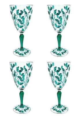 Set of Four 4 Murano Wine Glasses Green Hand Painted Light Stem - Image 1 of 4