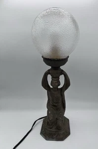 Antique Art Deco EGYPTIAN REVIVAL Cast Spelter Metal Lamp w/ Clear Glass Globe - Picture 1 of 12