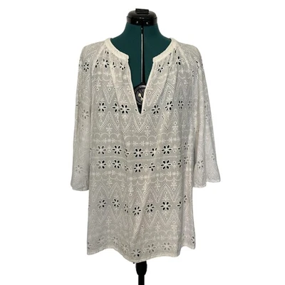 Camisa J Jill Mujer Grande Alta Blanco Ojales Túnica Bordada Algodón Manga 3/4 Foto 1 de 4