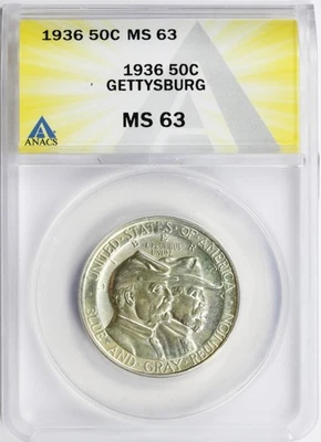 1936 50c Gettysburg Silver Half Dollar Commemorative ANACS MS63 - Image 1 of 4