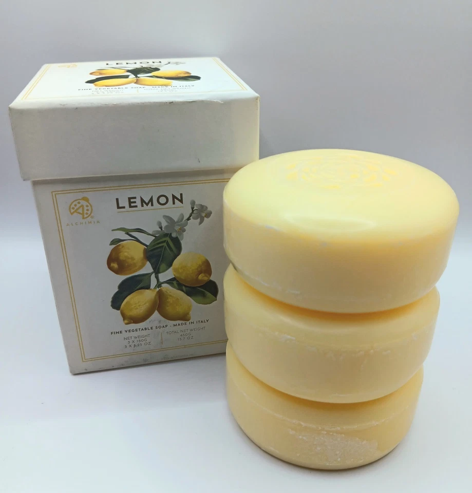 Alchimia Fine Italian Vegetable Soap Lemon Gift Box Set 3 Bars Round 5.25oz NIB  - Image 1 of 4