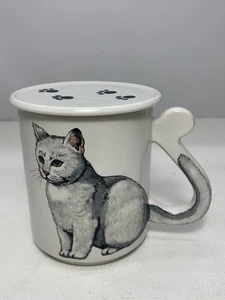 Mango de cola de taza de gato gris y blanco con tapa/montaña rusa con estampado de pata, Japón, vintage - Imagen 1 de 6