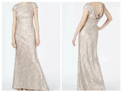 Calvin Klein Gown Dress Sequin Cap Sleeve Cowl Back Champagne Size 10 - Image 1 of 4