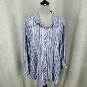 Susan Graver Lino Abotonable Mujer Petite XL Azul Rayas Manga con Pestaña Enrollable XLP - Imagen 1 de 10