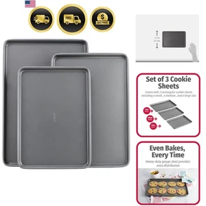 Nonstick Baking Sheet Set 3 Pcs Carbon Steel Cookie Pans Assorted Sizes - Picture 1 of 9