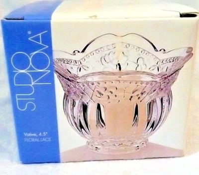 NEW IN BOX STUDIO NOVA FLORAL LACE VOTIVE 4.5" EMBOSSED CLEAR GLASS - Image 1 of 4