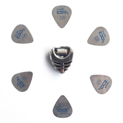 6x Metal Guitar Picks Dadi with Pick Holder – Durable Steel Plectrums 0.30mm
