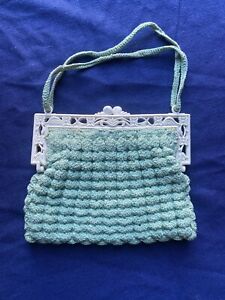 Vintage Hand Crocheted Handbag With Beautiful Cut Celluloid Handle 7.5” X 6”