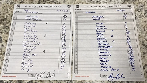 NHL Roster sheet LINEUP CARD ANAHEIM DUCKS TEEMU SELANNE FINAL SEASON 10/27/2013 Cover