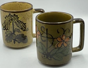 2 Vtg Otagiri Japan Stoneware Coffee Mugs Speckled Orange Yellow Floral Flowers - Picture 1 of 4