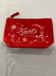 Kiehl's Red Soft Velvet Makeup Bag Cosmetic Pouch Holiday White Embroidery - Picture 1 of 6
