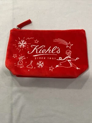 Kiehl's Red Soft Velvet Makeup Bag Cosmetic Pouch Holiday White Embroidery - Image 1 of 4